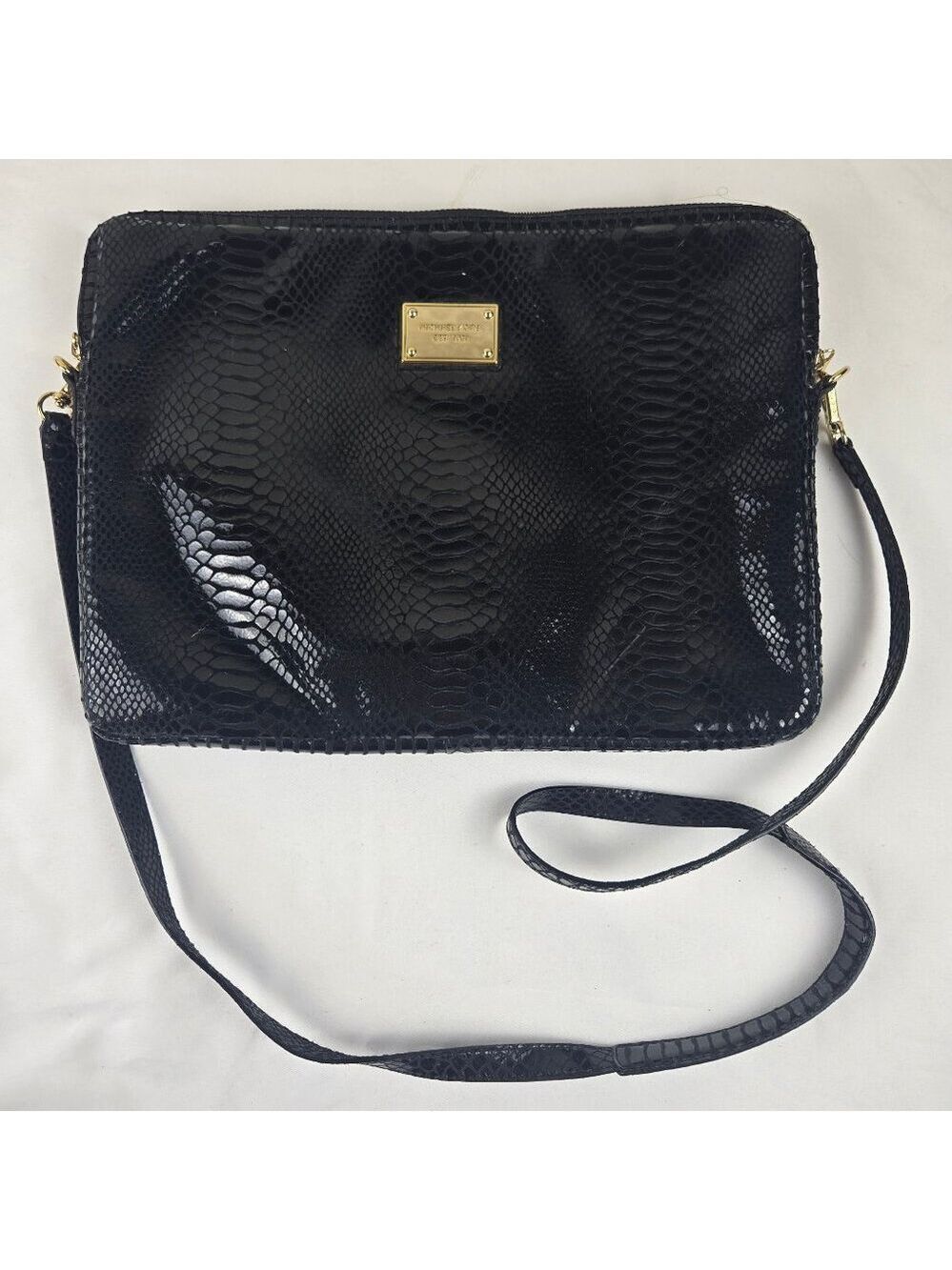 Michael Kors Black Patent Python Embossed Laptop Computer Case Double Zip Strap
